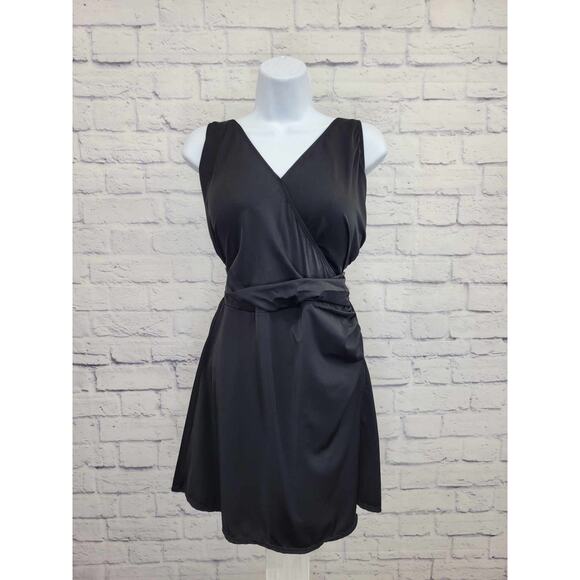 12R BLACK A392716 Denim & Co. Beach Wrap-Front Swim Dress - Picture 1 of 2